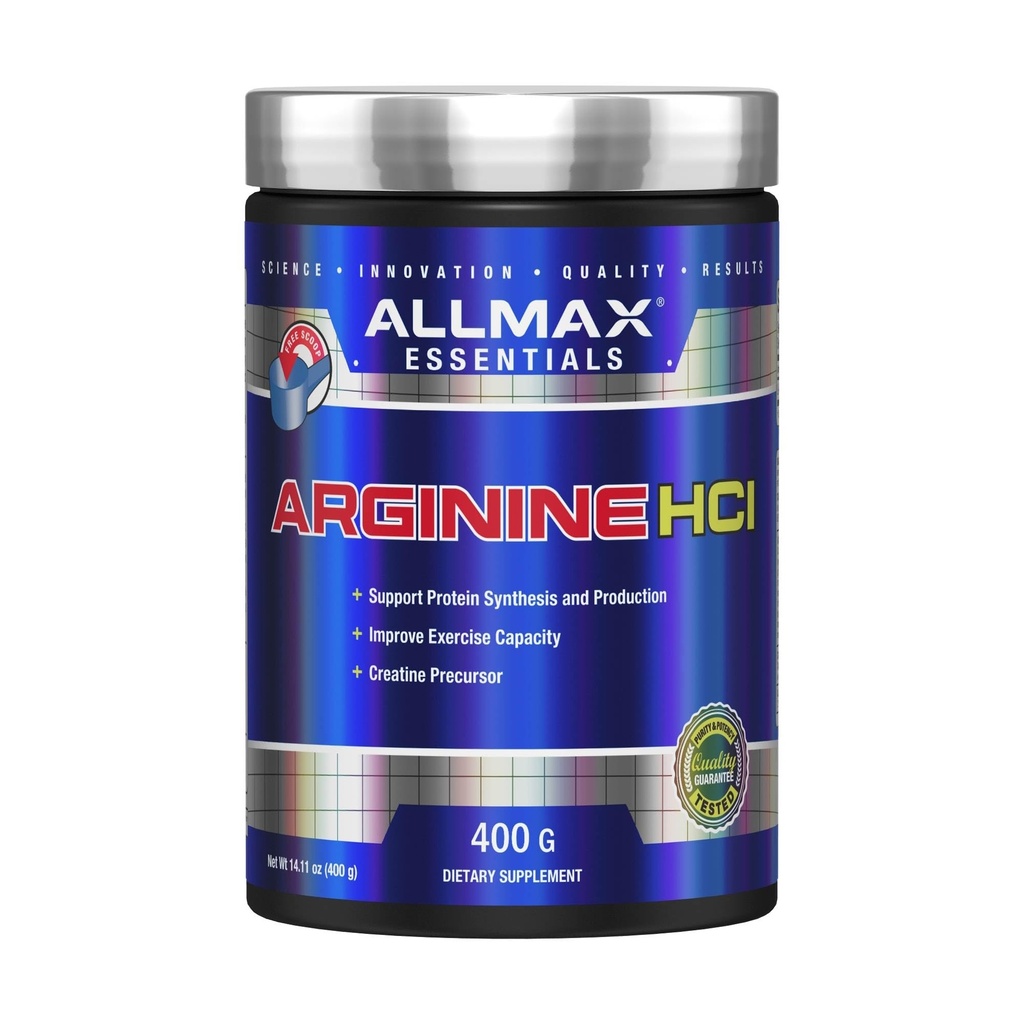 ALLMAX Essentials ARGININE HCL - 400 g - Prekursor do syntezy tlenku azotu - Vegan & Gluten Free - 200 Sług