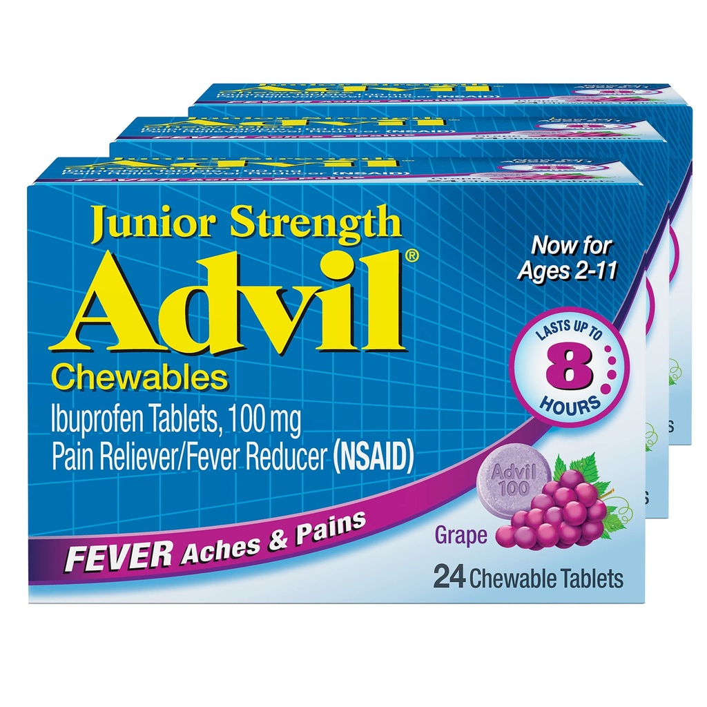 Advil Junior Siła do żucia Ibuprofen Reliever Pain i Fever Reducer, Ibuprofen dla dzieci Relief Pain, Grape - 24 Tabletki (Opakowanie po 3)