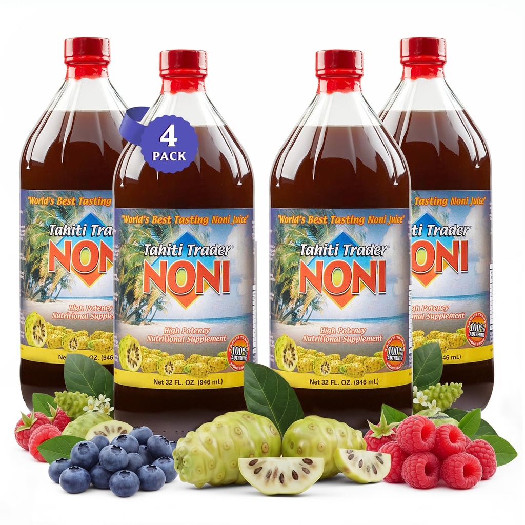 TAHITI TRADER (4- PK) Original High Potency Noni Juice - Pure Noni Fruit Juice with Blueberry & Malina - Organic Antioksydant Superfood Support Energy & Body Health - (32oz, 4 Pack)