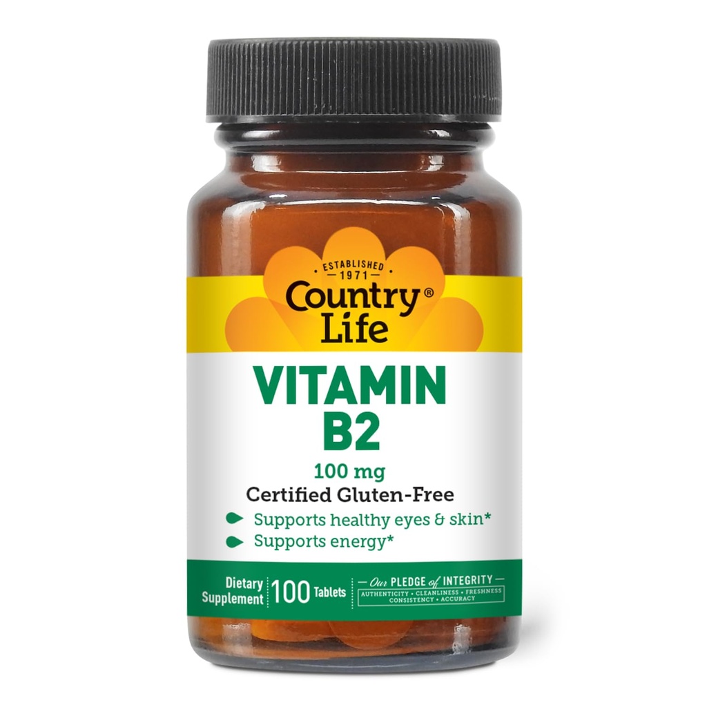Country Life Witamina B2 100mg Suplement do ryboflawiny - zwiększa produkcję energii i wspomaga funkcje komórek, gluten- Free, Vegan, Kosher, Halal - brak konserwantów, GMO lub sztucznych aromatów, 100 Hrabia