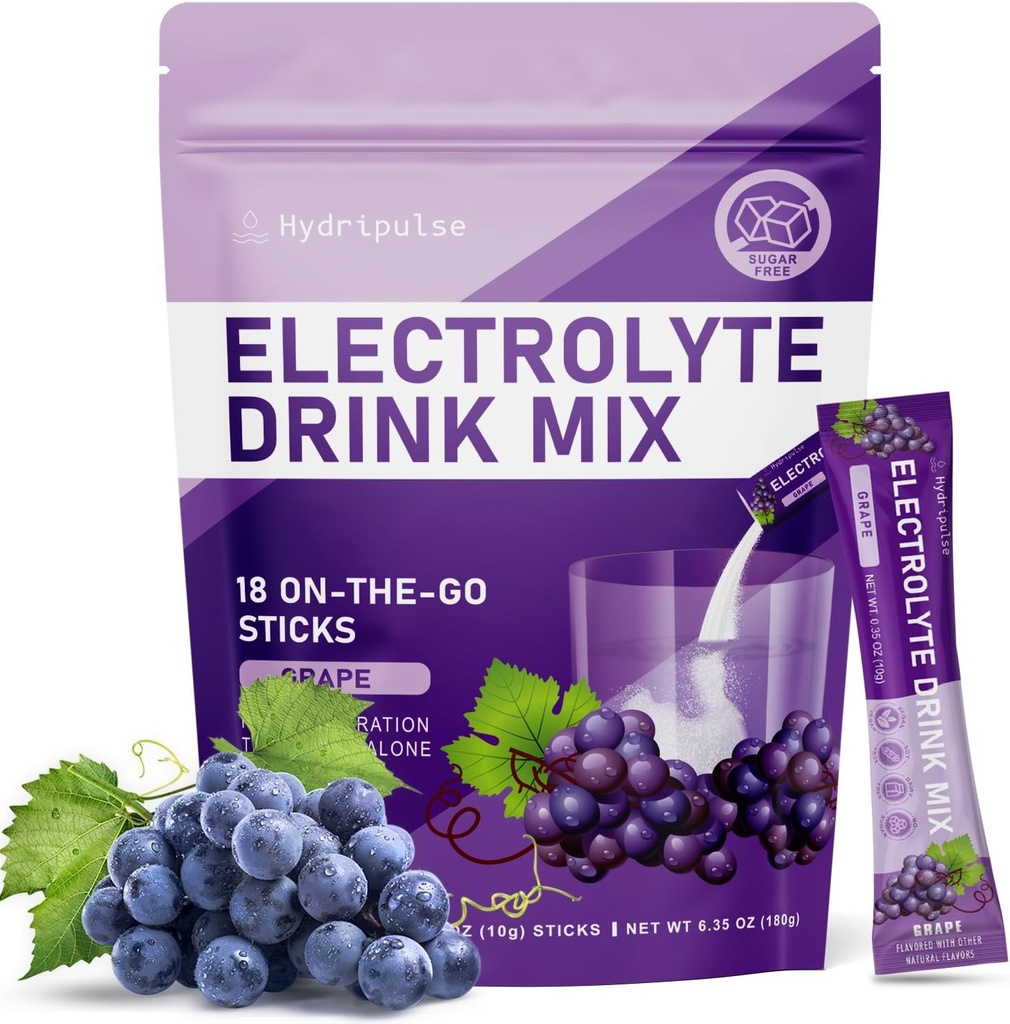 Pakiety proszkowe Electrolytes - Bez cukru, Naturalnie aromatyzowane, 10 Elektrolity i witaminy Electrolyte Drink Mix - Smaki winogronowe, Keto Friendly, Wegan, Non-GMO, 18 Pakiety