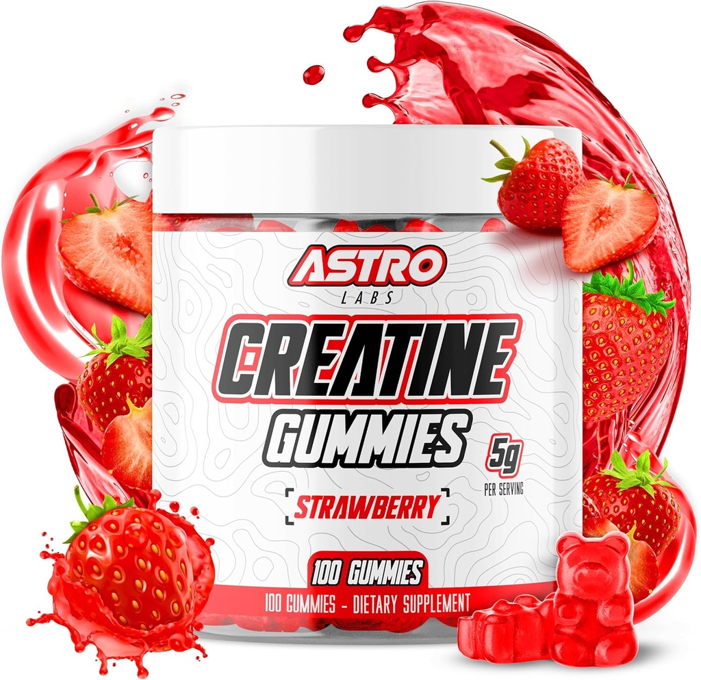 Gumie krewnicze dla mężczyzn i kobiet - 5g per serving, Zwiększenie siły, Zysk mięśni, Odzysk, Endurance - Wegan, Gluten- Free, Gummies jednowodny niskocukrowy - Truskawka (100 Count)