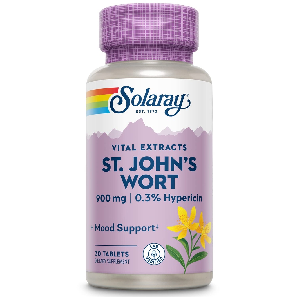 SOLARAY St John 's wort 900 mg, Raz dziennie Mood Supplement Supplement, Standaryzowane do 0,3% Hypericin na wsparcie zdrowia mózgu i balanced Mood, 60- Day Money Back Guarantee 124; 30 Służenie 124; 30 Tabletki