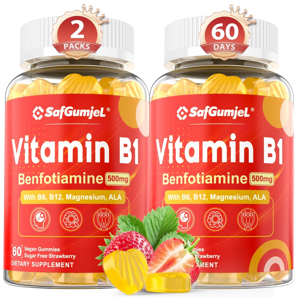 Witamina B1 Gummies ↓ 124; Benfotiamina 500mg z witaminą B6 B9 B12 & Magnez dla Nerve Health, Energia & Metabolizm Wsparcie 124; Sugar Free, Non GMO, Wegan, 120 Liczby