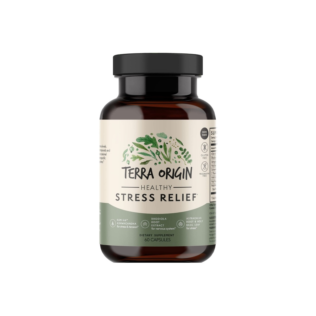 TERRA ORIGIN Healthy Stress Supplement Agregat 124; 60 Kapsułek Agrega124; KSM- 66 Organic Ashwagandha, L- Theanine, Rhodiola Extract, Astragalus Root and Holy Basil Supple124; Stress and Mood Support