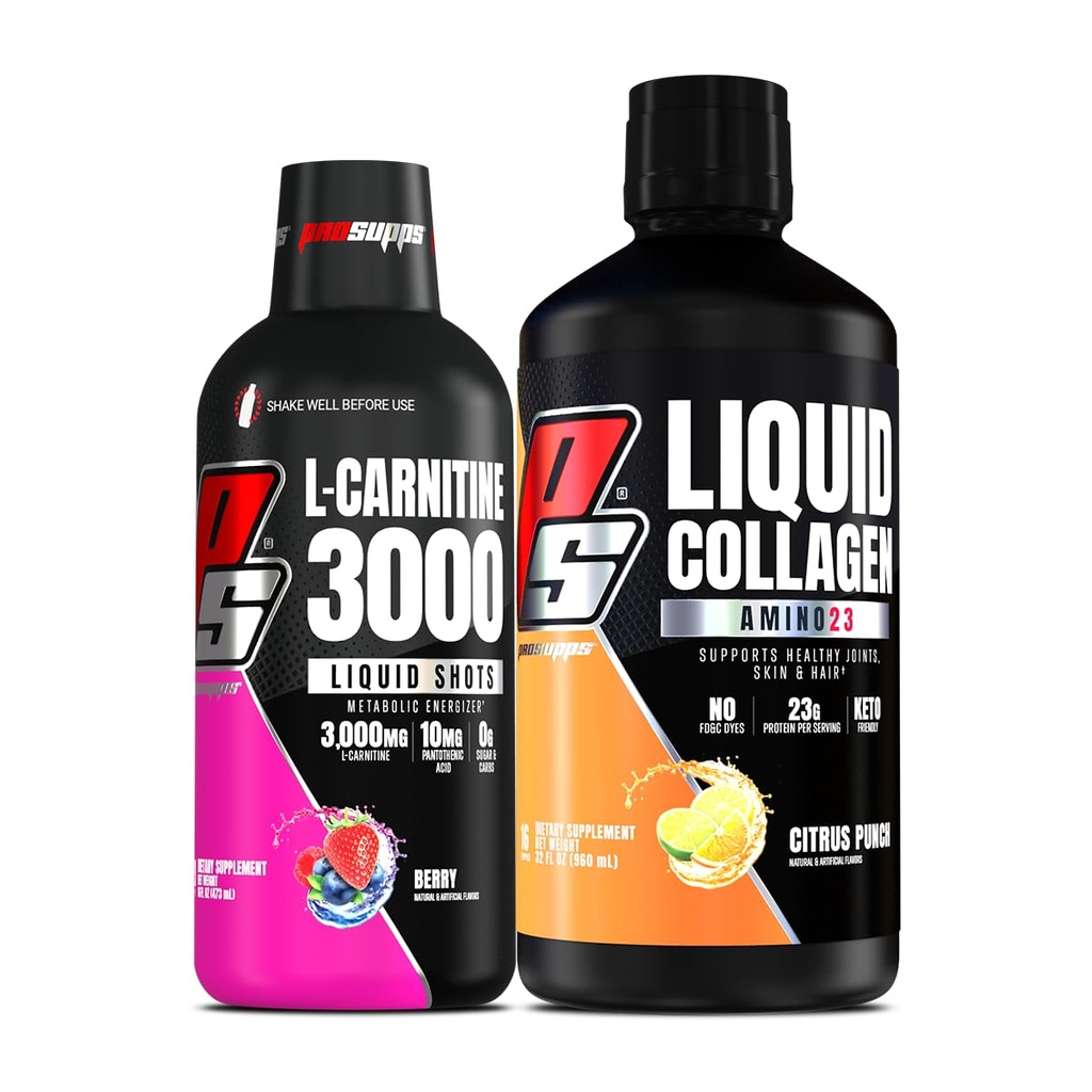 PROSUPPS L- Carnitine 3000 Stymulant Free Liquid Shots (Berry) Amino23 Liquid Collagen Shots (Citrus Punch) Bundle