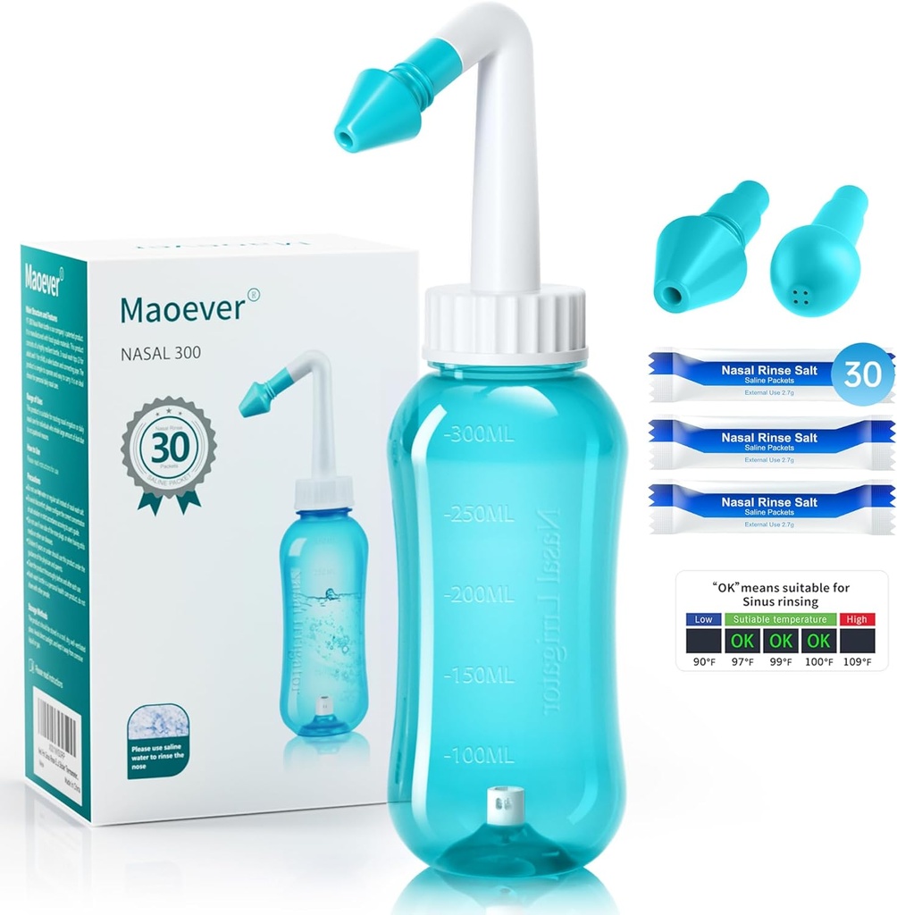 Neti Pot Sinus Rinse Nasal Wash 300ML Neti- Pot z 30 Pakiety soli do mycia nosa i Nasticker Termometr Nos czyszczący Pranie Butelki Oczyszczanie Ciśnienie nawadniania dla dorosłych i dzieci BPA za darmo (światło zielone)