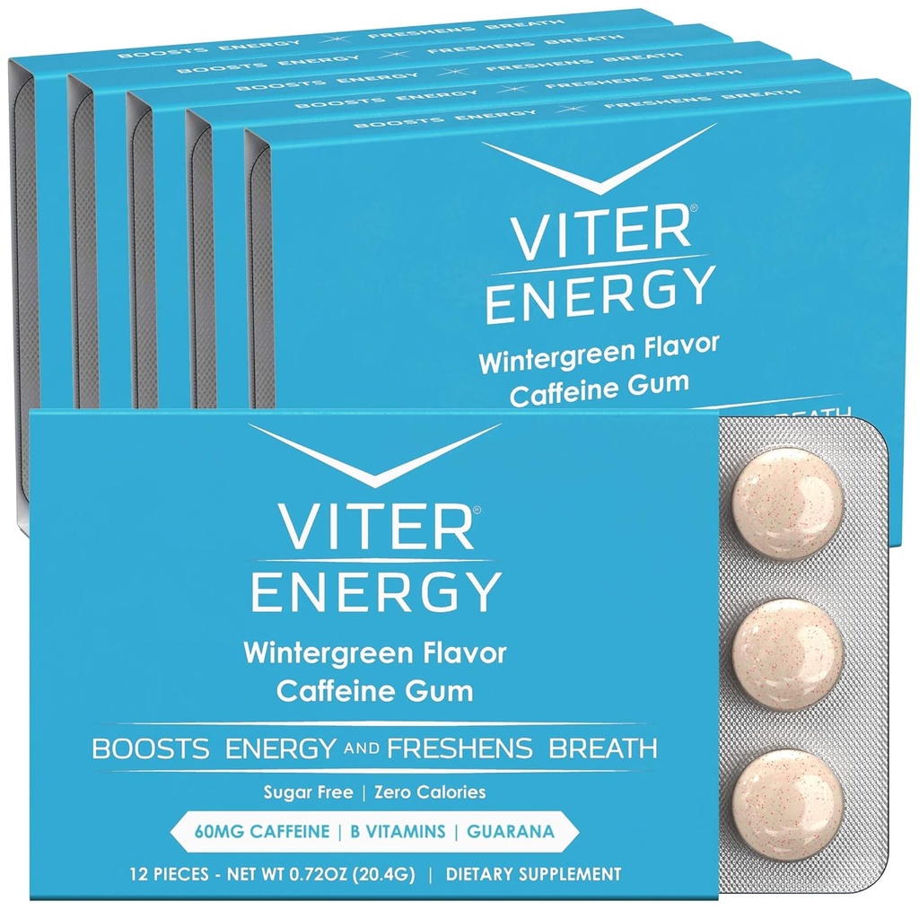 Viter Energy Kofeinowana Gum 60mg Kofeina, B Witaminy, Guarana, Cukier wolny. (Wintergreen, 12szt, 6 Pack)