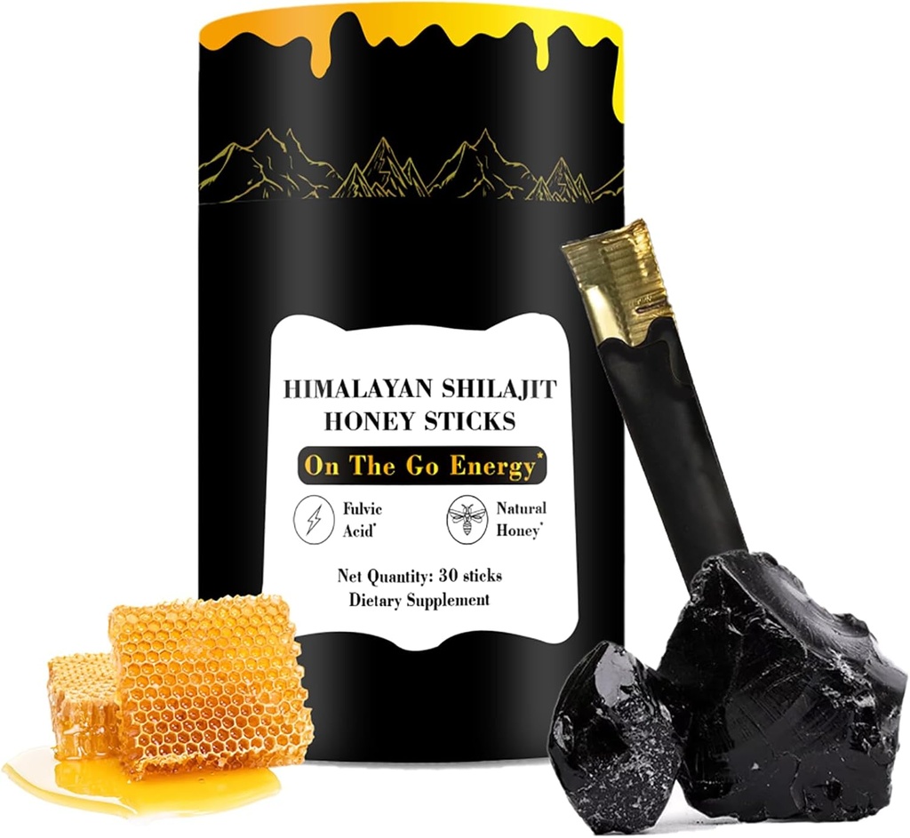 Miód Shilajit Sticks, 30 Sticks - Czysta żywica himalajska, Miód organiczny i szafran na boost energetyczny, Wsparcie immunologiczne i witalność, Miód SHILAJIT dla mężczyzn i kobiet