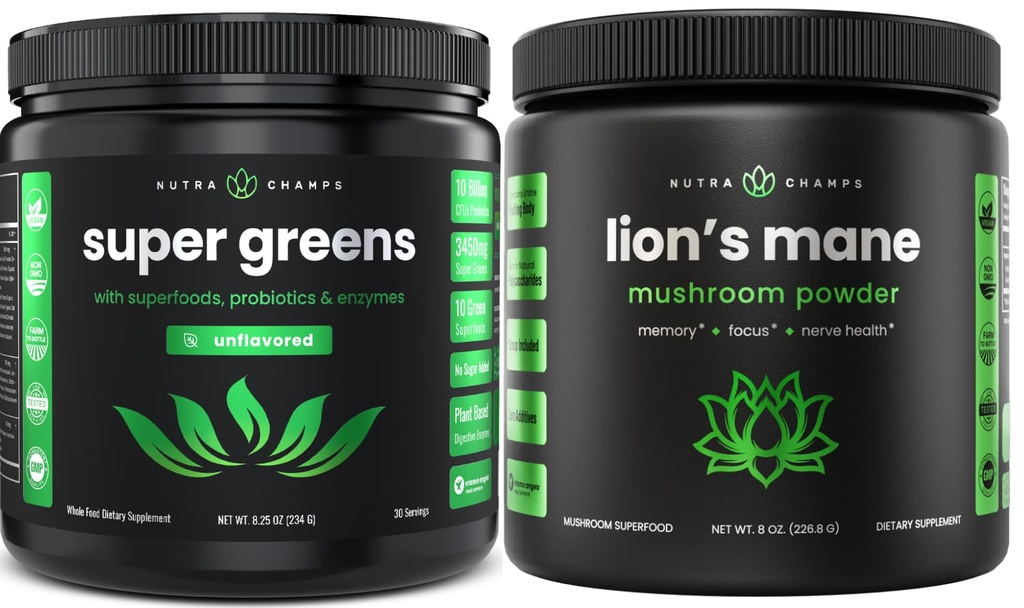 NutraChamps Super Green Unflavored & Lion 's Mane Powder. Zielone i Adaptogen Bundle