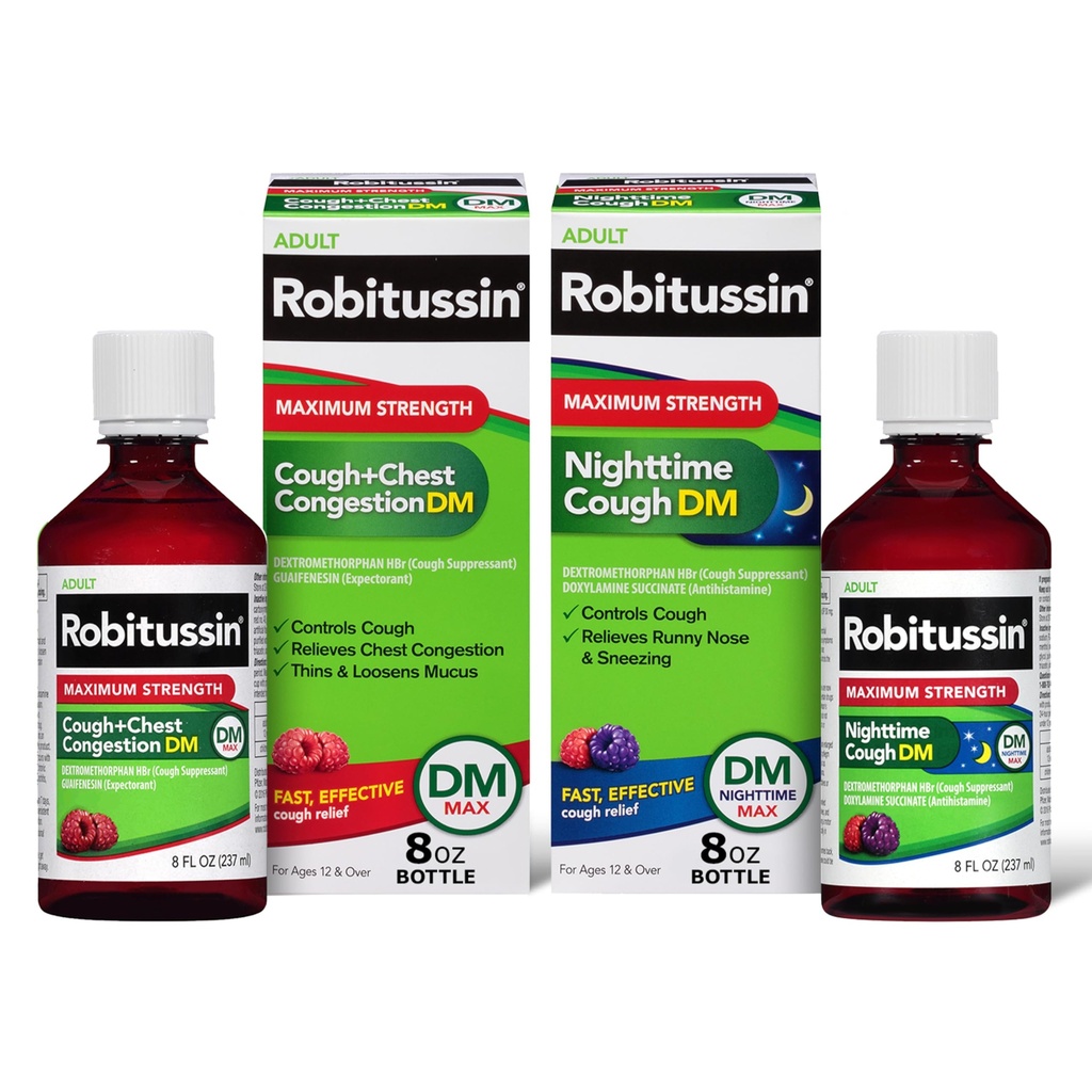 Robitussin DM Max Cough Plus Zatory w klatce piersiowej i Robitussin Maksymalna siła Night Cough DM, Dorosłe wyroby - 2 x 8 butelek Fl Oz