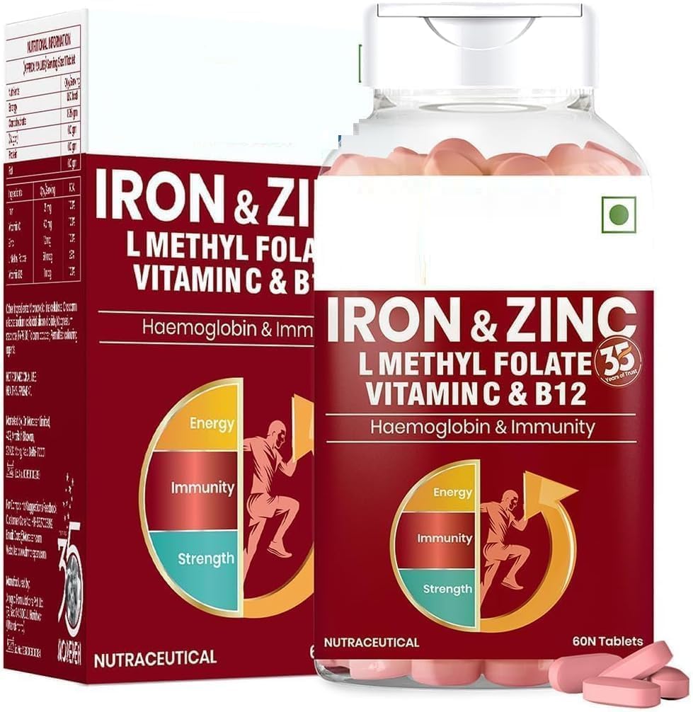 Tabletki z żelaza i cynku Wzbogacone witaminą C & B12 do 124; Immunitet i Hemoglobina Booster do 124; Zwiększa poziom HB + Promotes Healthy Iron Levels do 124; Zmniejsza zmęczenie, Popraw zdrowie oddechowe i energię do 124; 60 T