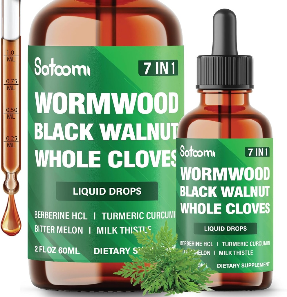 Satoomi 7in1 Wormwood płynne krople z czarnym orzechem, całe goździki, Berberyna, Ostrze Mleczne, Melon Gorzki i Turmeric - 60 ml na 60 dni
