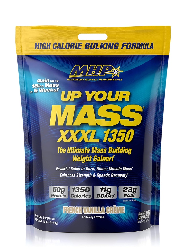 Maximum Human Performance MHP UYM XXXL 1350 Mass Building Weight Gainer, Muscle Mass Gains, w / 50g Protein, High Calories, 11g BCAA, Leucine, French Vanilla Creme, 16 Servings
