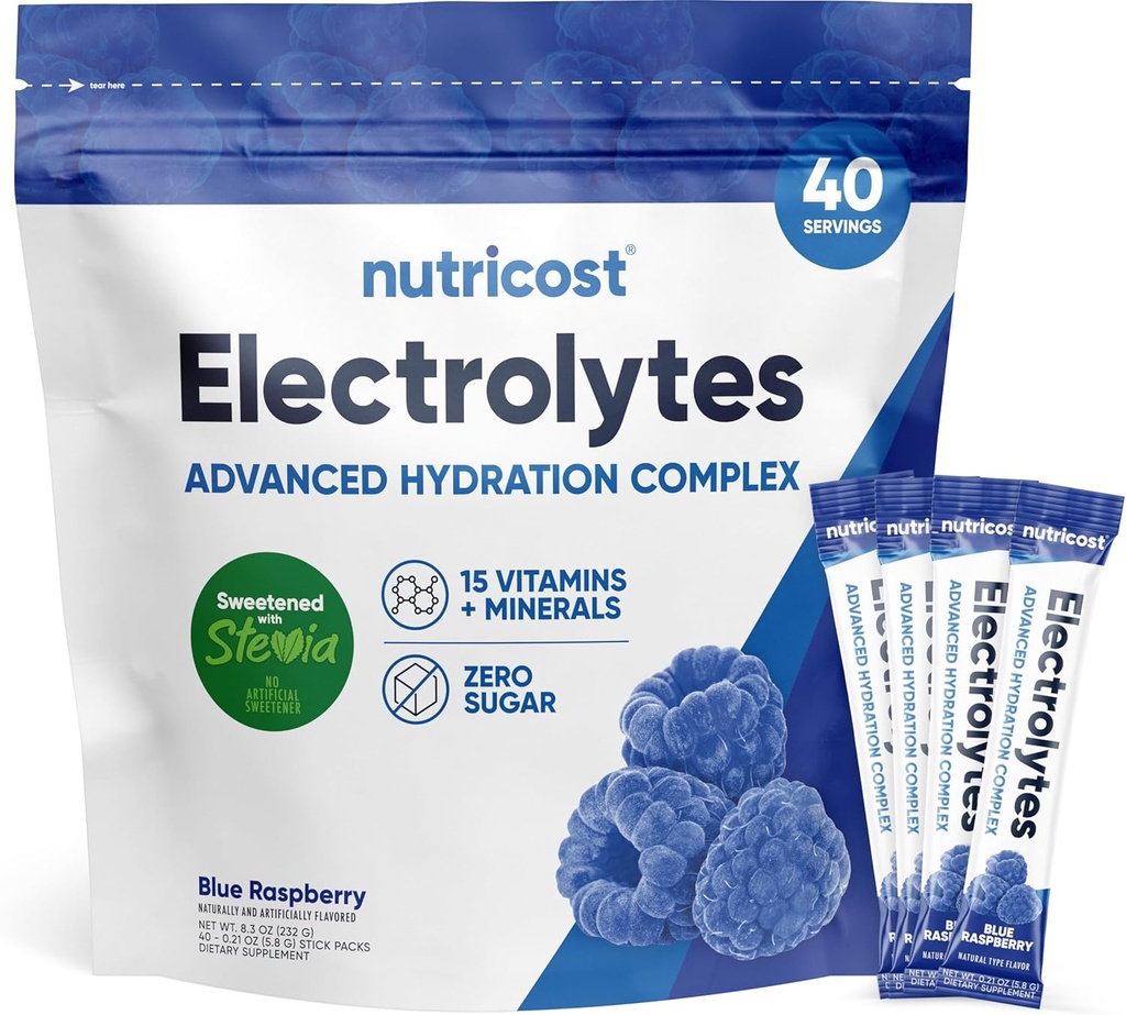 Nutricost Electrolytes Powder Hydration Pakiety (Niebieski Malina, 40 Służenia) Niskie Calorie Keto Electrolytes Sweetened z Stevia - Non-GMO, Gluten Free i cukru