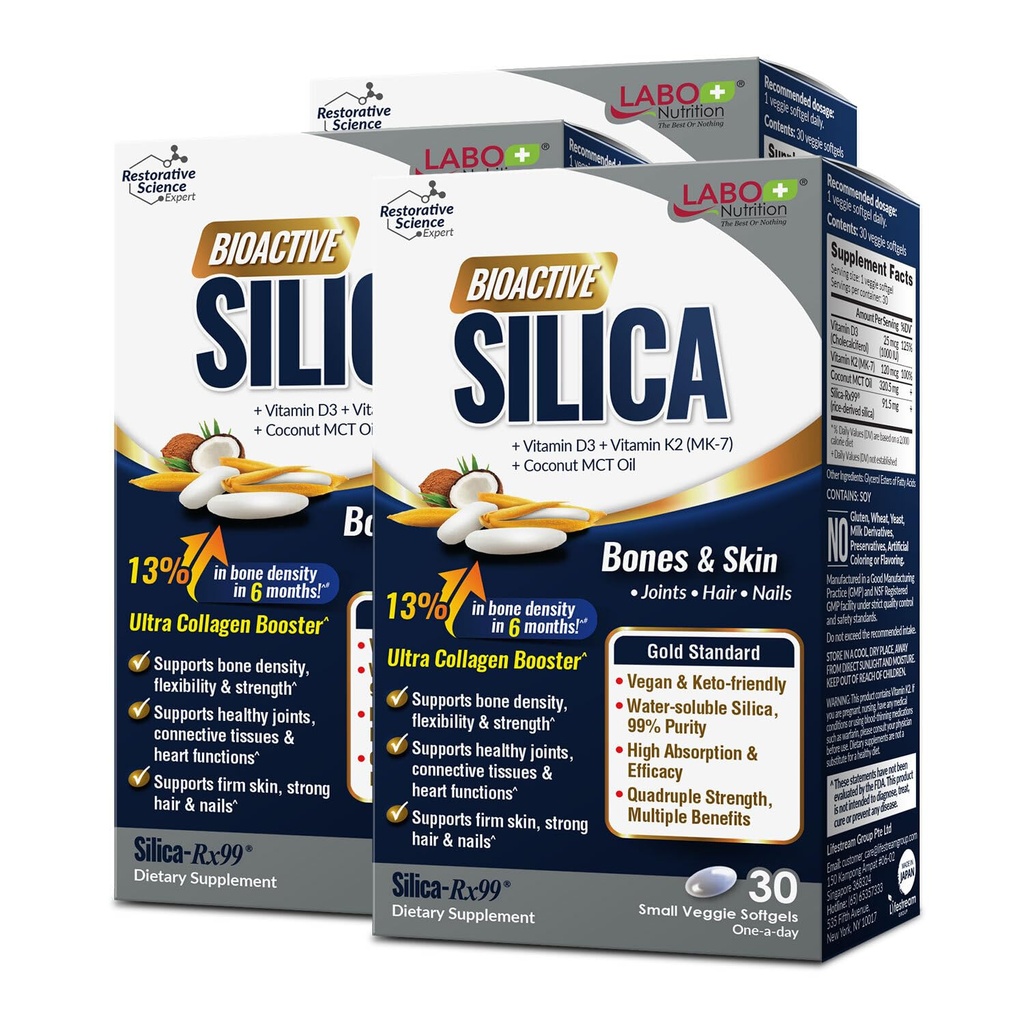 Labo Nutrition Bioactive Silica - Do włosów, skóry, paznokci, Formacja kolagenu, Joint & Siła kości - Wsparcie zdrowia kości & Kolagen Booster - 99% Czystość Rice- Derived Silica Suplement, 30 Wegan Softgel