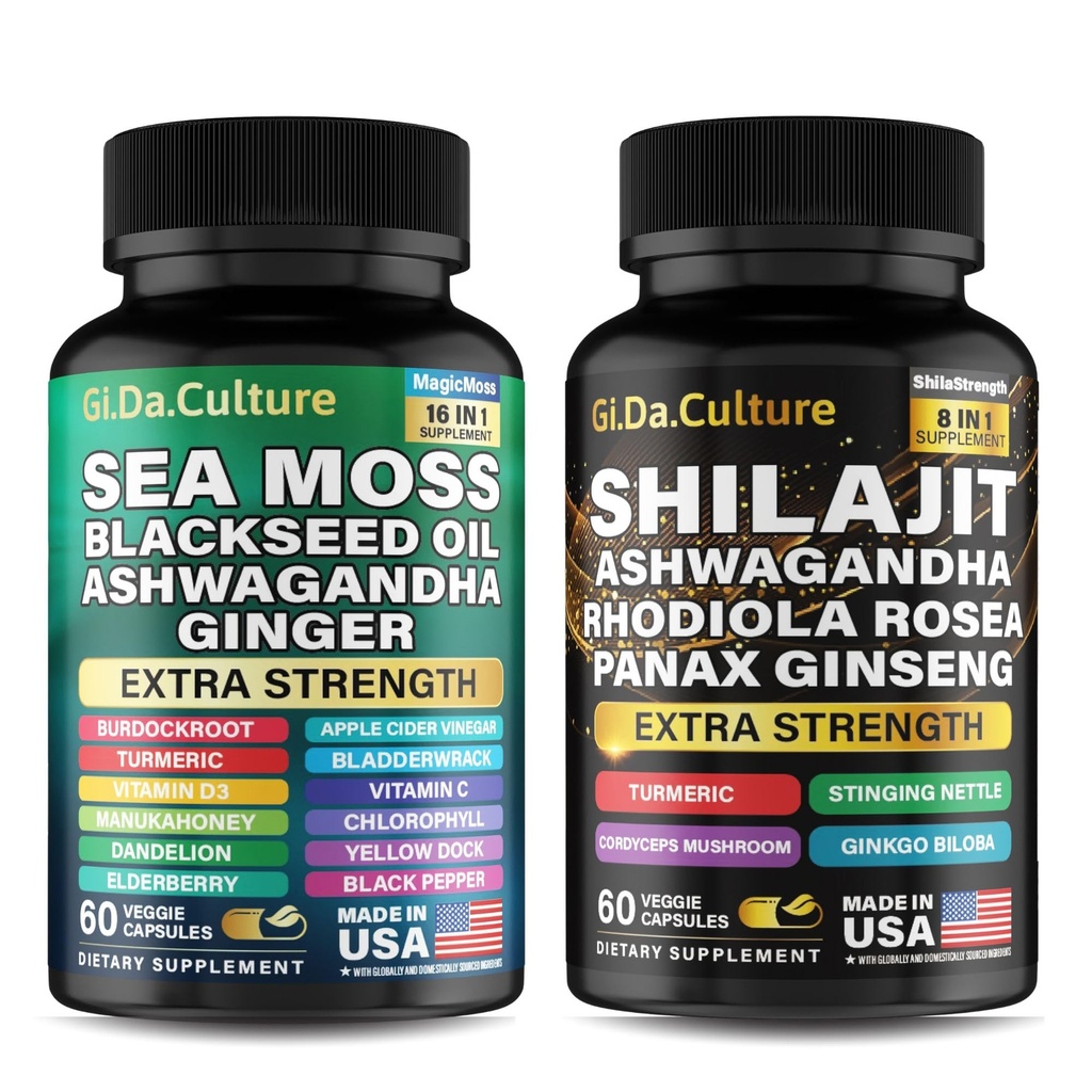 Shilajit and Sea Moss Combo - Sea Moss and Shilajit Bundle with Ashwagandha, Black Seed, Turmeric, Bladderwrack, Burdock, Black Pepper with Vitamins and Antioksydants - 120 Veggie Capsules