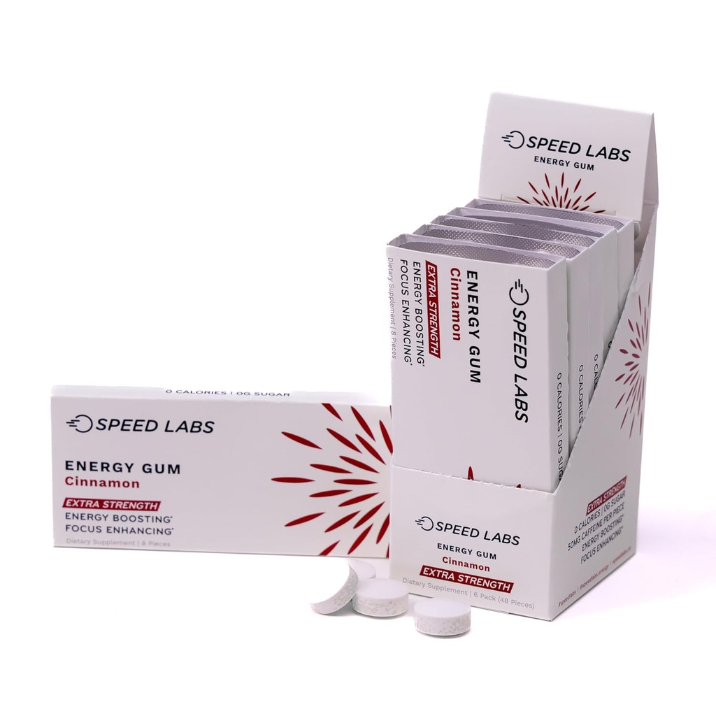 Speed Labs Cynamon Extra Siła Kofeina Żucie Guma 50mg Kofeina, Tauryna, & B Witaminy na kawałek, 48 Kawałki (6 Opakowania 8 Kawałki) Cukier wolny, Zero Calorie, No Aspartam, Gluten wolny