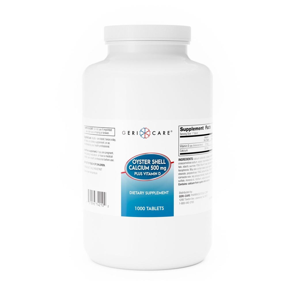 GeriCare Oyster Shell Wapń 500 mg + Witamina D, Zdrowie kości, Suplement diety Tabletki, 1000 Liczba (Opakowanie po 1)