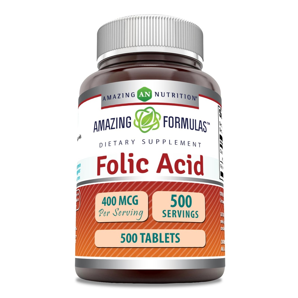 Amazing Supples Folic Acid (Witamina B9) 400 µg < 124; Tablets Supplement < 124; Non-GMO < 124; gluten < 124; Made in USA (1 Pack, 500 Count)