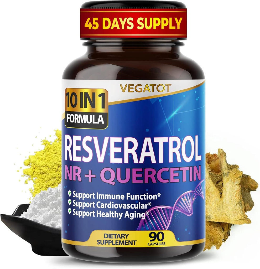 VEGATOT 10 in 1 Wysoka wytrzymałość Resveratrol z Quercetin Zdrowe starzenia immunologicznego Boost mózgu wspólne wsparcie (90 Count (Pack of 1))