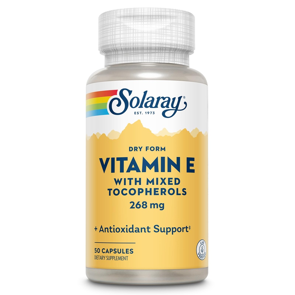 SOLARAY Witamina E 400 IU (268mg), Sucha postać z mieszaną Witaminą E - Suplement przeciwutleniający, PMS i wsparcie menopauzy - 60- Day Guarantee, Lab Verified - 50 Słupki, 50 Kapsułki