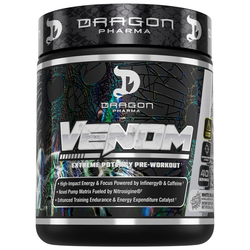 DRAGON PHARMA Venom Extreme Potency Pre- Workout, Laser Sharp Focus + Energia, Intensywna wydajność, Proven Składniki dla ulepszonego Vasodilation & Endurance (40 Sług, Biały Smok)