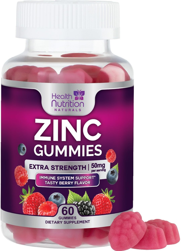 Suplementy cynku 50mg Gummies - Max Siła Skóra Zdrowie i Wsparcie immunologiczne Gummy, Wegan, Non-GMO & Gluten Free - Najlepszy suplement cynku Antyoksydant & Bone Health Chewable Smaczny Flavor Berry - 60 Gummies