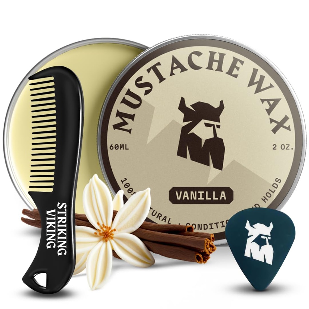 Wax & Comb Kit - 2 oz, Wanilia - Kompletny zestaw do pielęgnacji wąsów dla mężczyzn - Strong-Hold Styling & Wax Strong Hold - Pocket- Sized Precision & Styling Comb