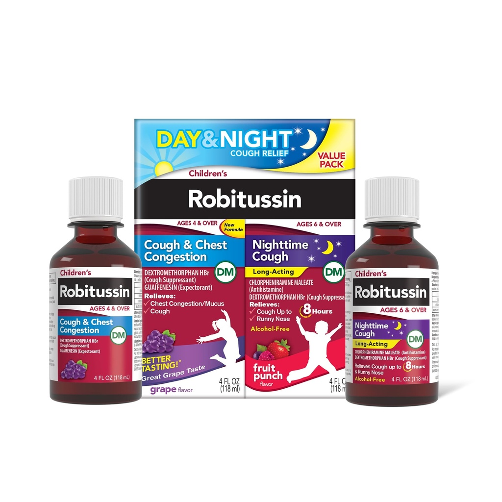 Dziecięcy Robitussin DM Day and Night Cough Relief Value Pack, Cough Medicine, Grape / Fruit Punch Flavor - 4 Fl Oz x 2