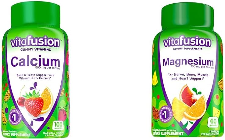 Vitafusion Gummy Wapnia Gummy Witaminy dla wsparcia kości i zębów, Owoce i śmietanka aromatyzowane, Amerykański numer 1 Gummy witaminy marki, 50 Day Supply, 100 Count & Magnezu Gummy Suplement, 60ct
