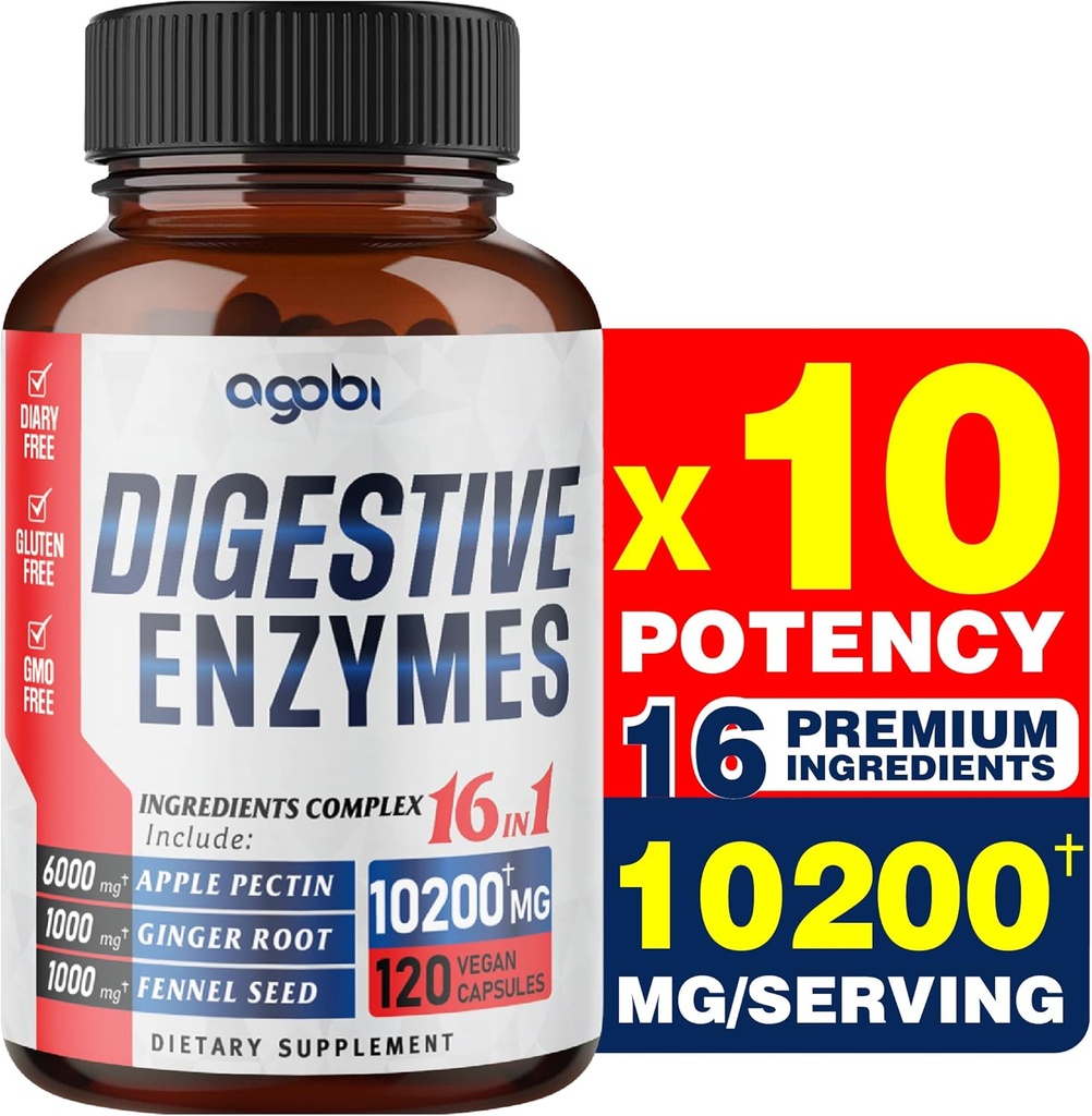 agobi 10200 Mg Enzymy Digestive z Prebiotykiem do trawienia, wsparcia immunologicznego i ciała - 16in1 z Apple Pectin, Ginger Root, System Prebiotyczny & More - 120 Kapsułek na 2 miesiące