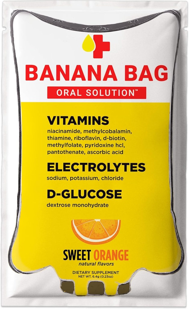 Banan Bag Oral Solution Recovery Pakiety - I.V. Alternatywne - Sweet Orange 30pk: Medbox Pharmaceutical- Spreparowane do szybkiego zwiększenia energii, Nawodnienie & Wellness. Elektrolity + witamina C + silny kompleks B-