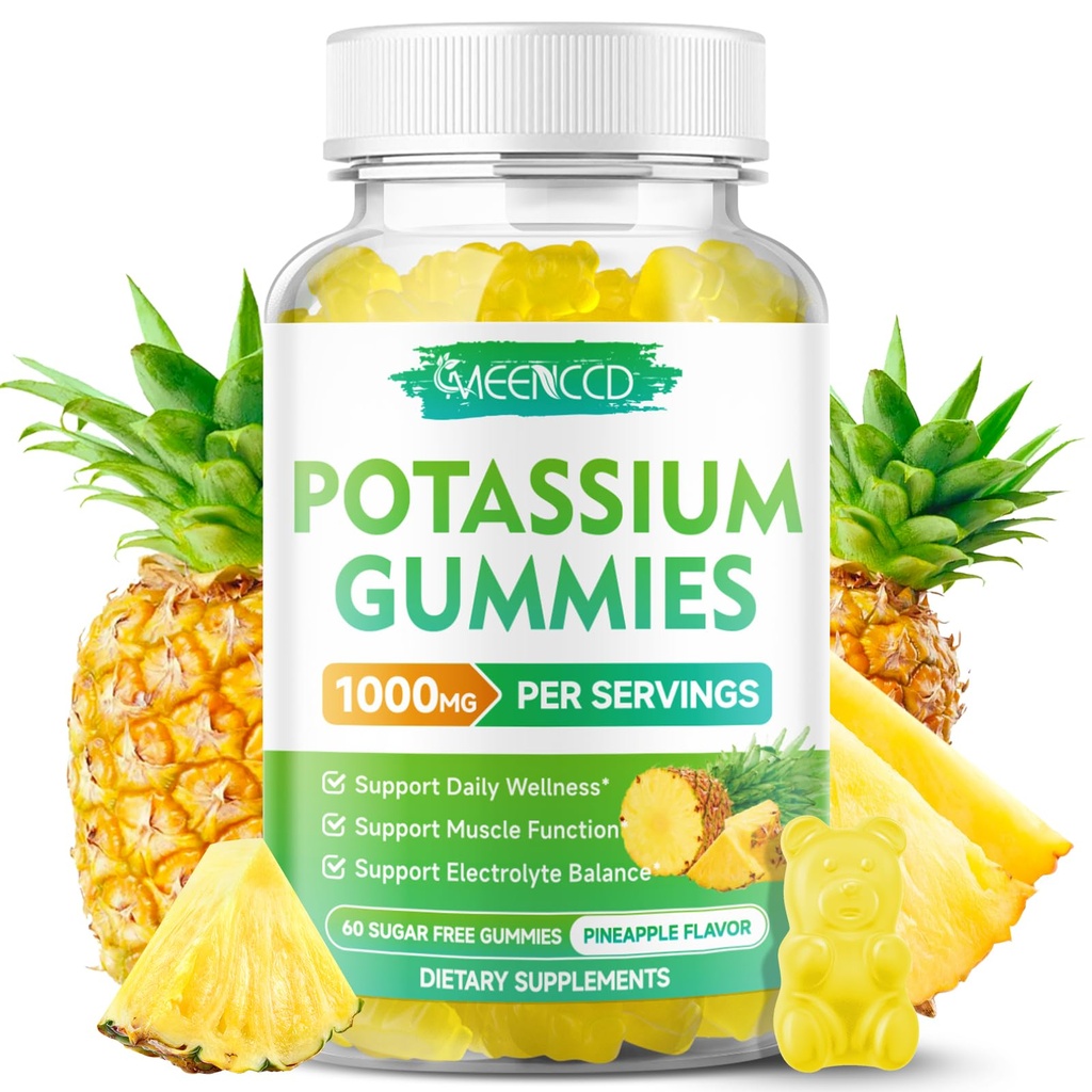 Cytrynian potasu Gummies 1000mg, Gummies suplement potasu o dużej mocy dla dorosłych Kobiety & Mężczyźni, Wsparcie Kurcze nogi & Mięśnie zdrowia, Cukier wolny, Smak ananasowy, 60 Count