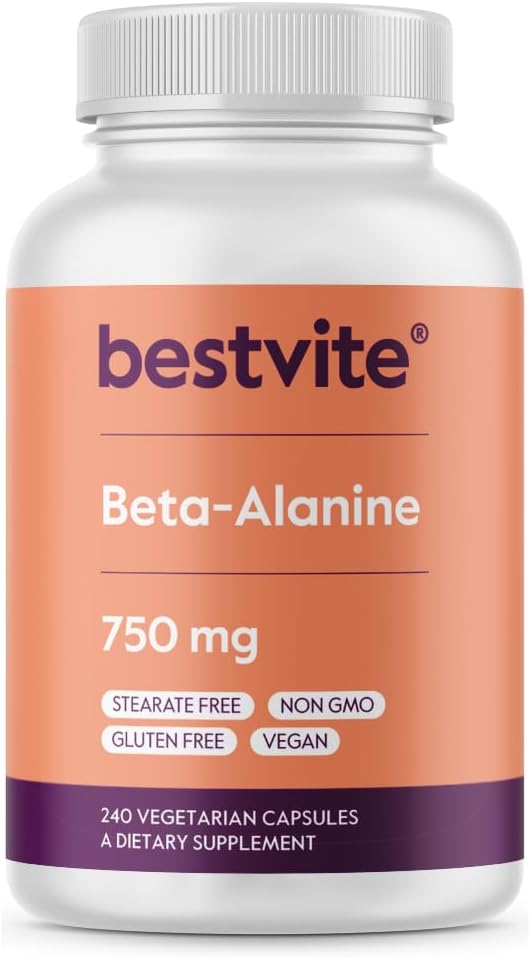 BESTVITE Beta Alanine 750mg (240 Kapsułki wegetariańskie) - No Stearates - Vegan - Non GMO - Gluten Free
