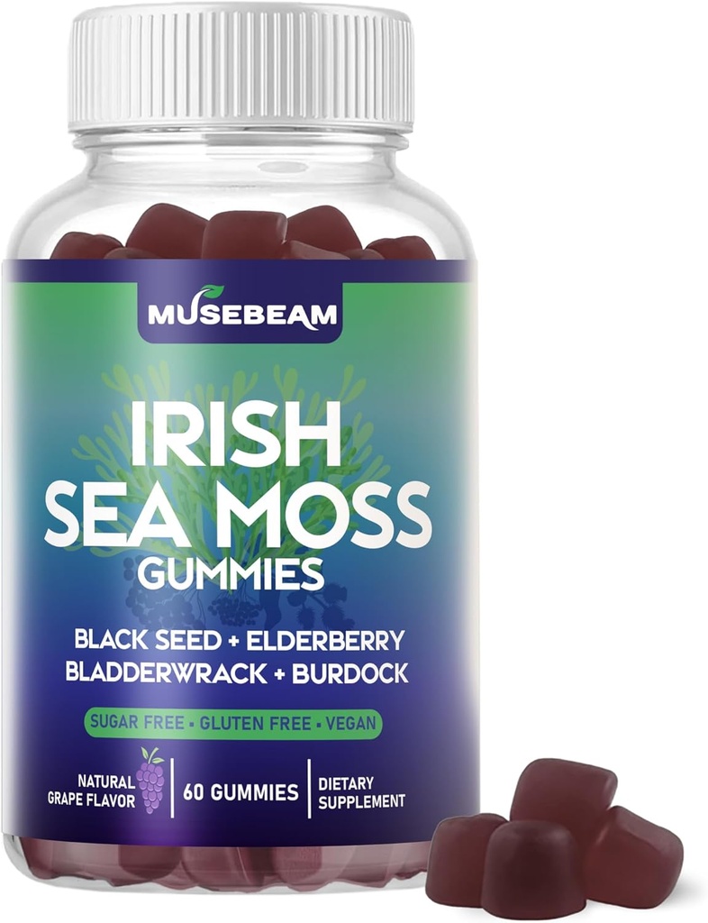 Irish Sea Moss Gummies - z Black Seed Elderberry Bladderwrack Burdock Turmeric Omega-3 Witaminy C D3 Cynk - Seamoss Suplementy dla dorosłych Kobiety Mężczyźni - Cukier wolny gluten wolny Wegan
