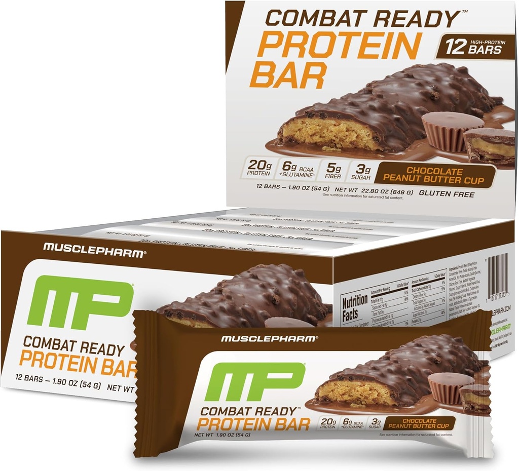 MusclePharm Combat Sport Bar, Czekolada Peanut Butter Cup, Wysokie bary protein, Walki pragnienia, Wydajność paliwa & Meet Energy Demands, 20 g Białko z białka serwatki, 5g Fiber, Gluten Free, 12 Bary
