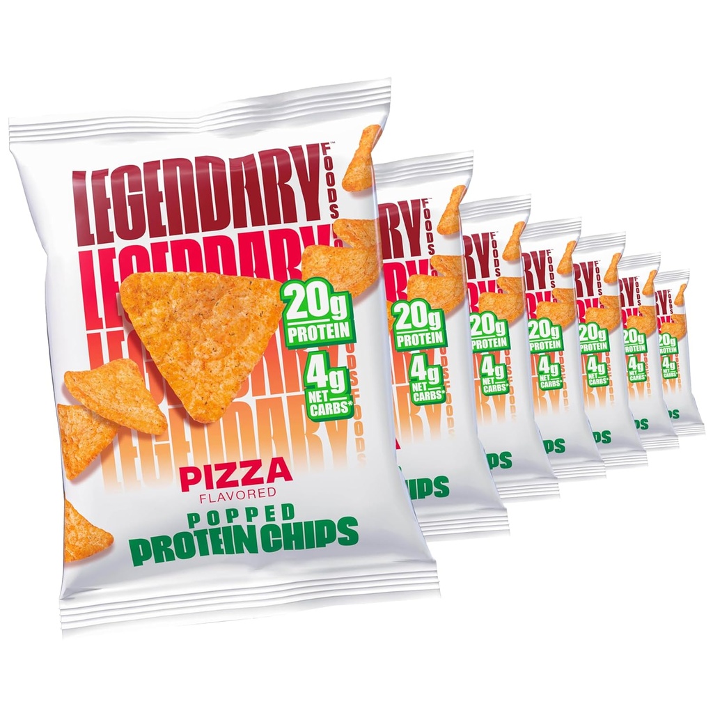 Legendarny żywności Pizza Chips - Popped Tortilla Style - 20g wysoki poziom białka, 4g netto węglowodanów, niski cukier, Gluten Free, Keto Snack Packs - 7 Count - Zdrowe chrupiące chipsy