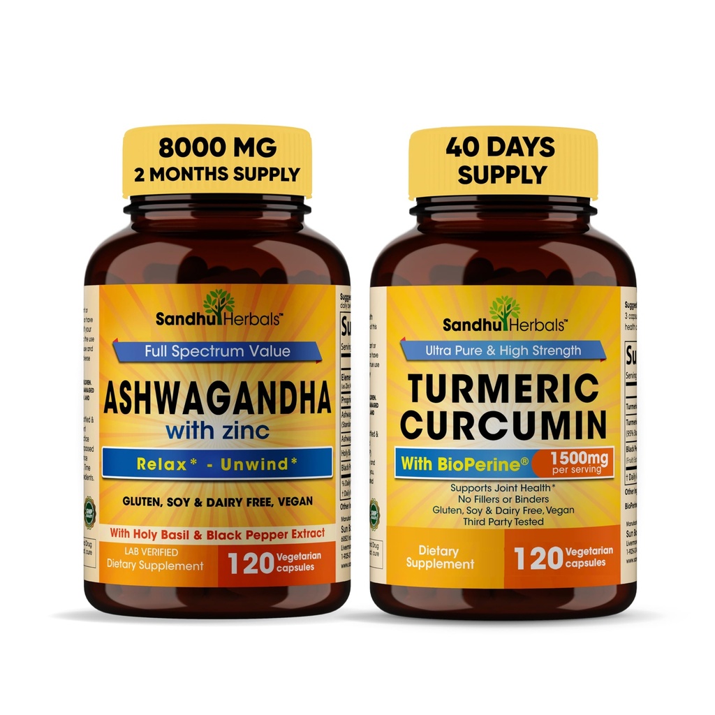 Sandhu Herbals Organic 4in1 Ashwagandha w / Zinc & Organic kurkumina turmerowa w / Bioperine Black Pepper Extract 124; Wspiera system immunologiczny 124; Non-GMO