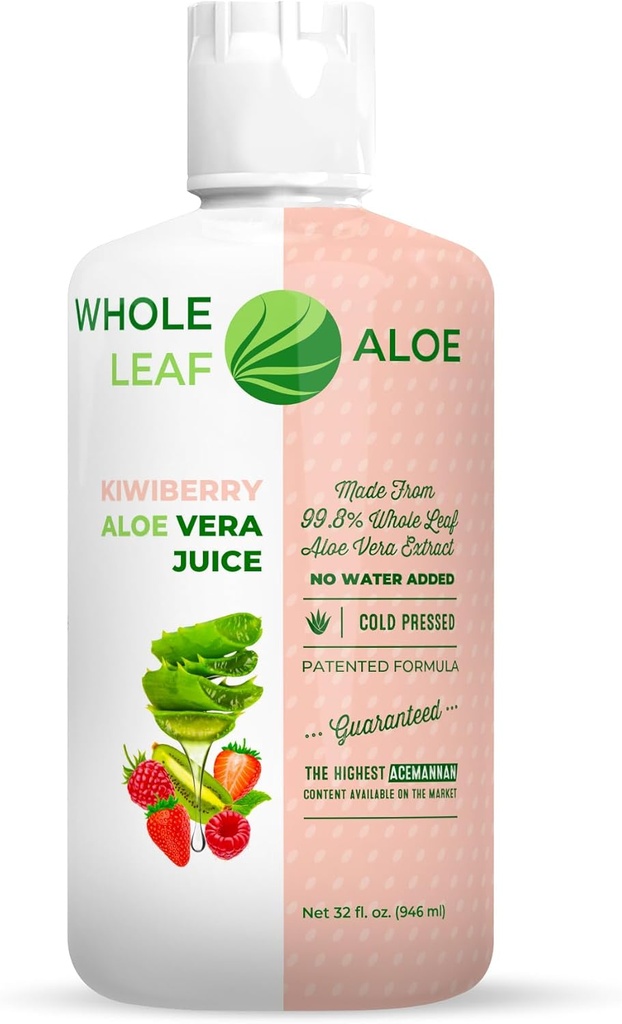 Odblokować moc całego liści Aloe Vera - Infused with The Delicious Taste of Kiwi Berry. Nasza Opatentowana Formuła Bouns Najwyższa koncentracja acemannan dostępne, Gwarantowane. Brak wody.