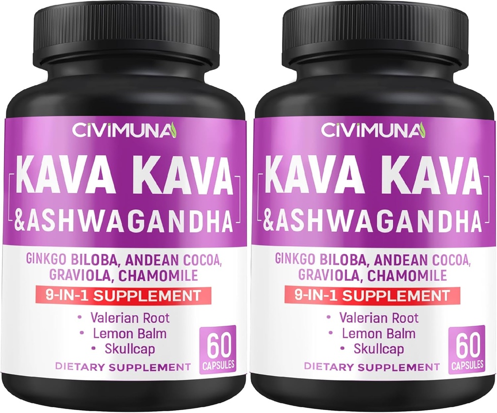 Kava Kapsułki z Kava, Ginkgo, Ashwagandha i więcej - 120 Kapsułki dla 4 miesięcy dostaw (Opakowanie 2)