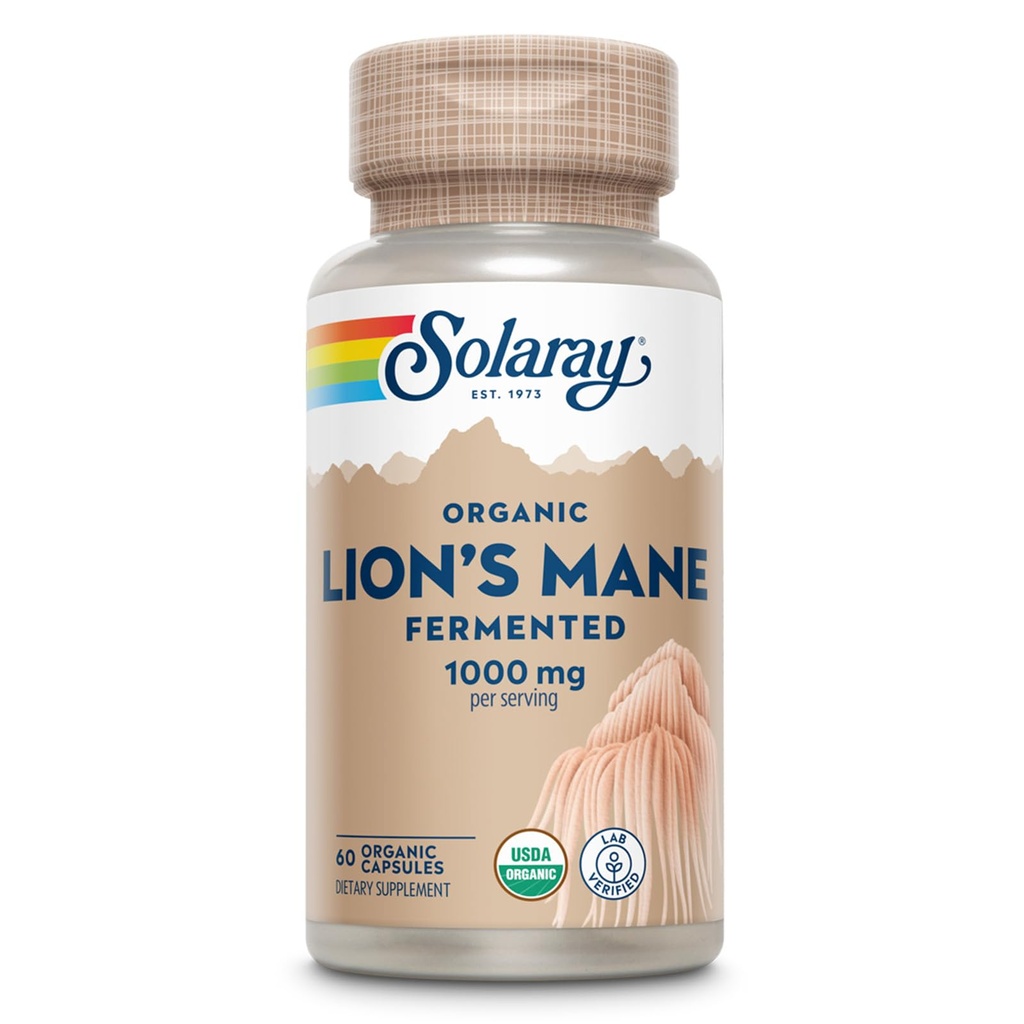 SOLARAY Organic Lions Mane Supples Kapsułki - Dostarczanie 1000 mg Lion 's Mane Organic Mushrooms, Fermentowane do zwiększonej absorpcji - Wegan, 60- Day Guarantee, Laboratorium zweryfikowane, 30 Służenia, 60 VegCaps