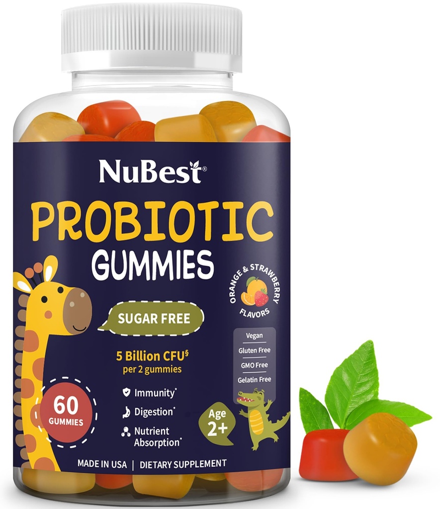 NuBest Daily Gummies Probiotic dla dzieci i młodzieży z 5 Miliard CFU 124; Wspiera immunologiczne, Gut, i Digestive zdrowia 124; No Added Sugar Gumberry 124; Yummy Truskawka & Orange Flavors 124; 60 Premium Wegańskie Gummies