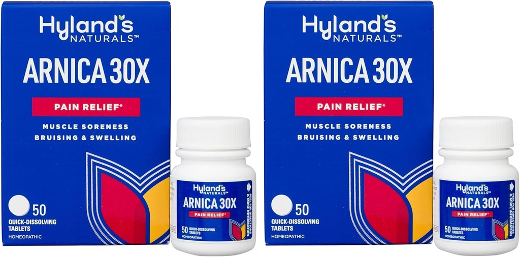 Hyland 's Naturals Arnica Montana 30x Tablets, Natural Relief of Bruises, Obrzęk i ból mięśni, Szybkie rozpuszczenie tabletek, 50 Count (Pack of 2)