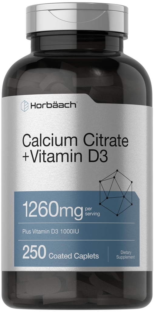 Horbäach Wapnia Citrate with Witamina D3 XI124; 1260 mg XI124; 250 Cappets XI124; Vegetarian, Non-GMO, Gluten Free Supplement