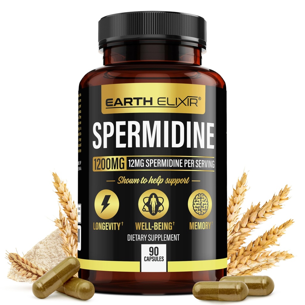 Eliksir ziemski Spermidyna Suplementy 1200mg (90 Kapsułek) - Anti Aging - 3. strona Tested (12 mg Spermidine Proszek) Max Czystość - 100% Czysta Espermidyna - Fermentowany ekstrakt z zarodków pszenicy - NMN Alternatywne