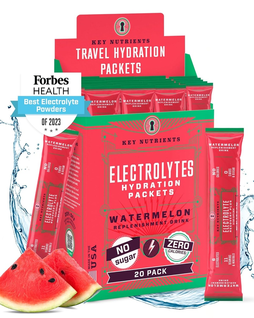 Numery KLUCZOWE Pakiety proszkowe Electrolytes - Odświeżające Arbuzy 20 Pakiety nawadniające - Proszek nawadniający podróży - Nie ma cukru, Nie ma kalorii, Bez glutenu - Made in USA