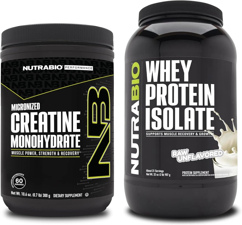 Monowodzian NutraBio Creatine, Nieflawored, 300g i izolacja białka serwatkowego, Nieflawored, Suplement Paleta - Energia mięśniowa, Lean Muscle Growth, Recovery i Siła