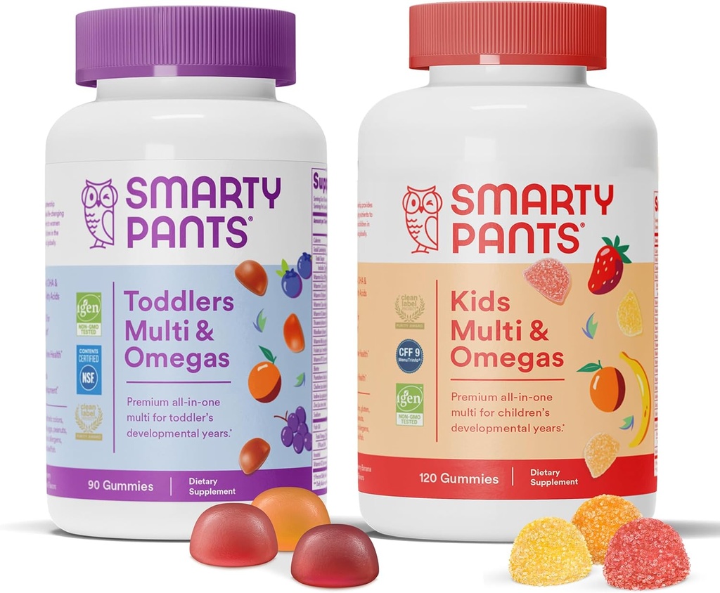SmartPants Toddler i Kids Multivitamin Gummies Bundle: Omega 3 Fish Oil (EPA / DHA), Witamina D3, C, Witamina B12, B6, A, K & Zinc, Biotin, Gluten Free, Trzy aromaty owocowe (30 Day Supply)