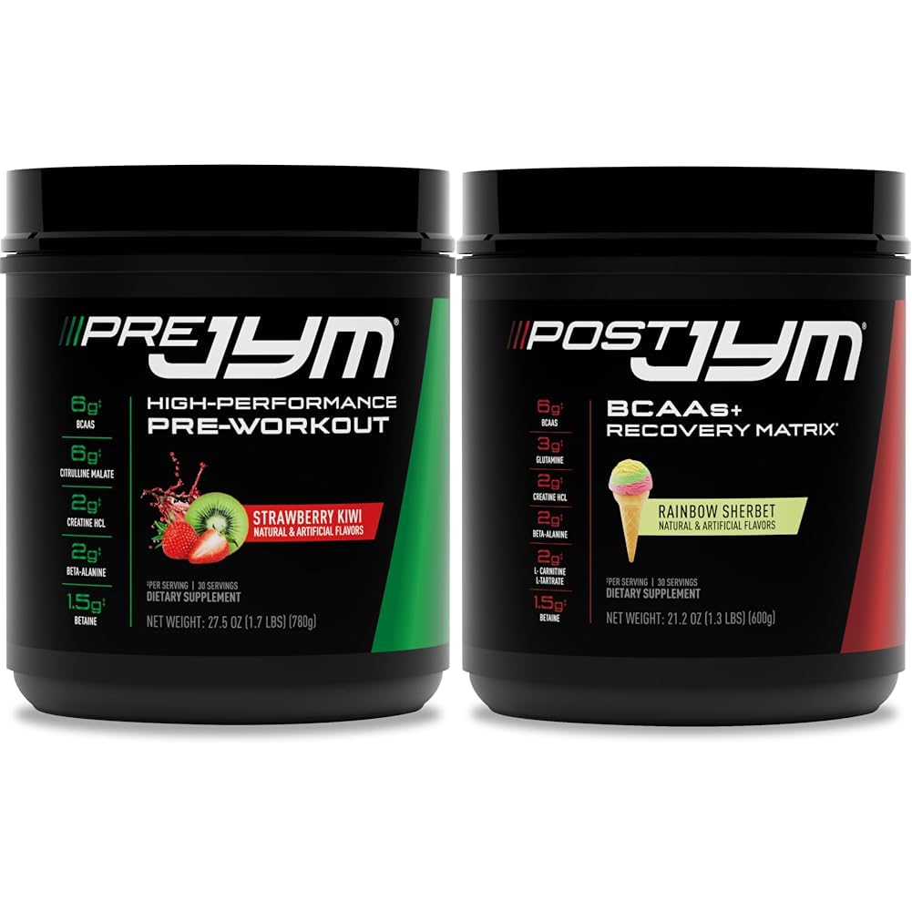 JYM Supplement Science PRE JYM 30 Servings - Truskawka Kiwi & - Post- Workout z BCAA, Glutamine, Creaine HCL, Beta- Alanine, i More Rainbow Sherbert Flavor, 30 Servings, 21.2 oz.